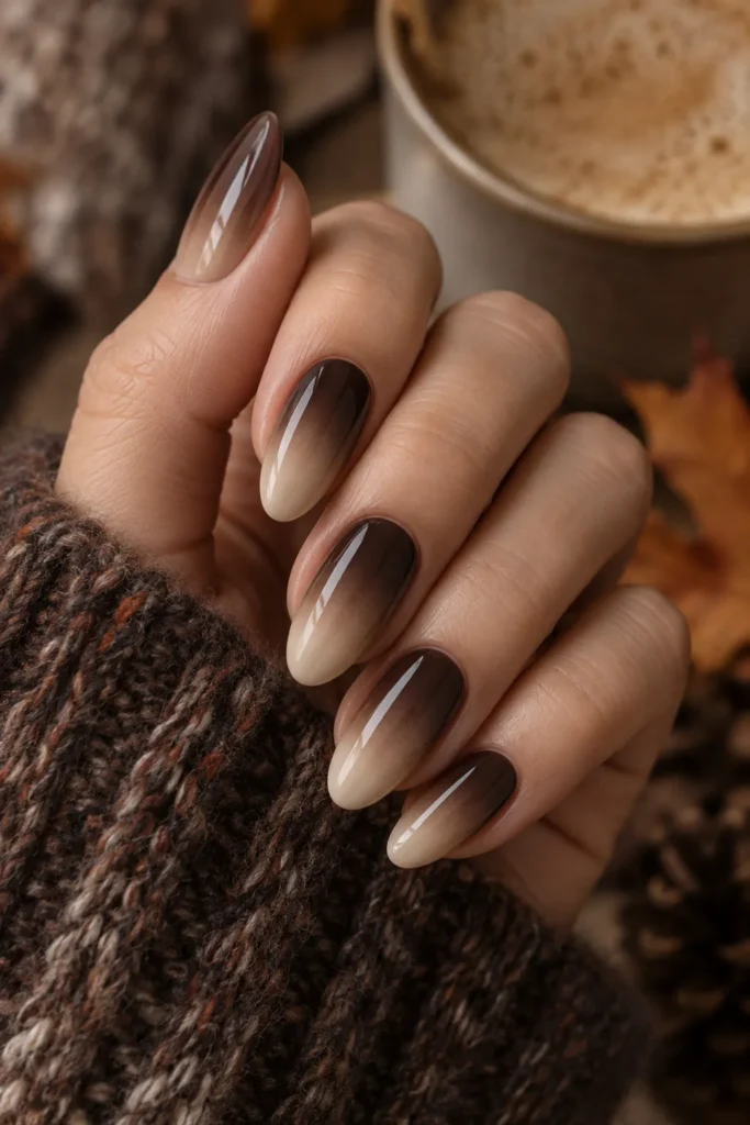 10. Espresso Ombre Almond Nails