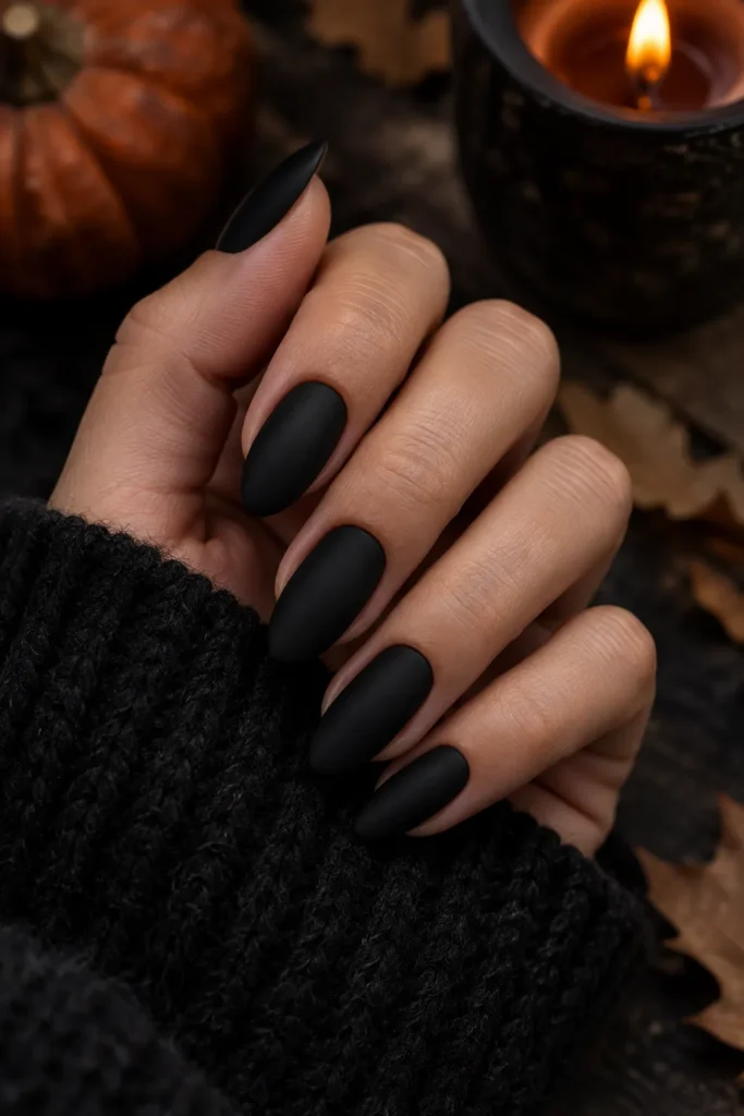 7. Matte Black Almond Nails