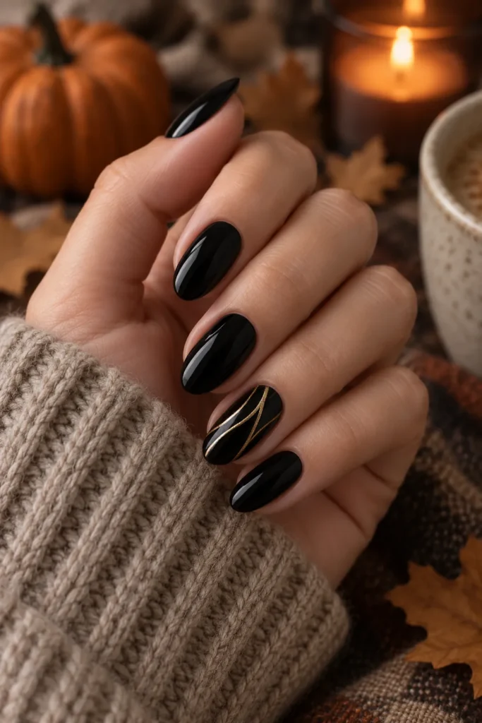11. Black And Gold Almond Nails