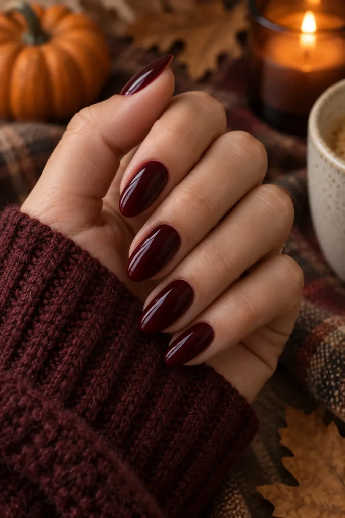 16. Burgundy Wine Almond Nails
