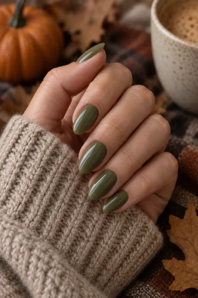 13. Olive Green Almond Nails