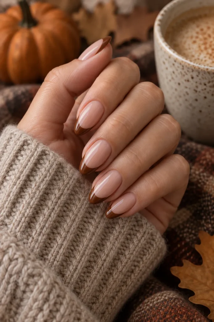 12. Brown French Tip Almond Nails