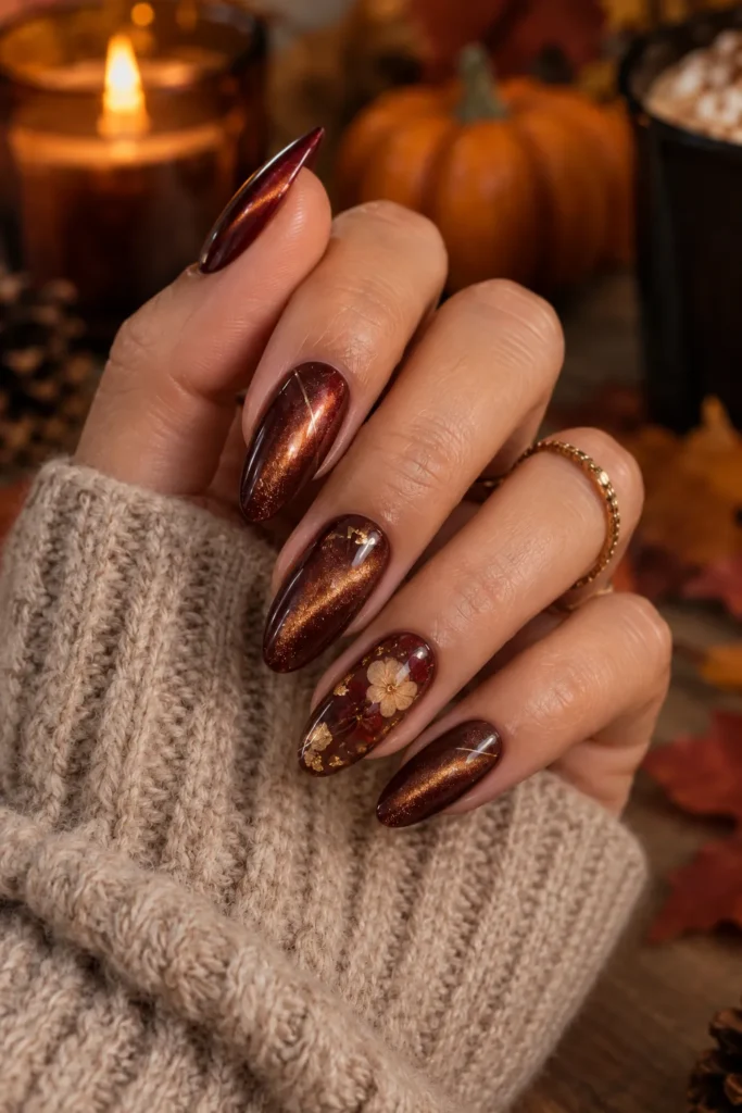 12. Cat Eye Nails With Dried Flower Inlay