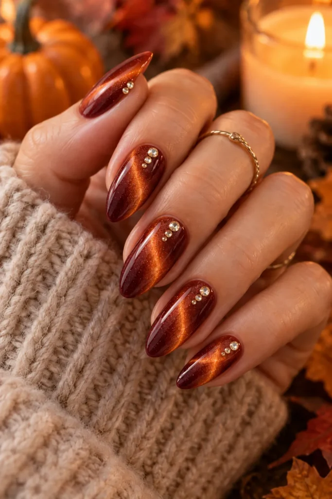 29. Cat Eye Nails With Rhinestone Accent