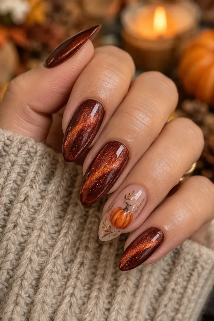 8. Cat Eye Nails With Pumpkin Accent