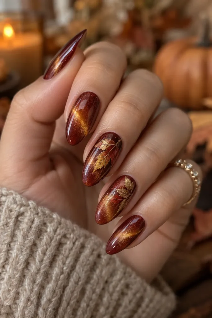 7. Cat Eye Nails With Painted Leaves
