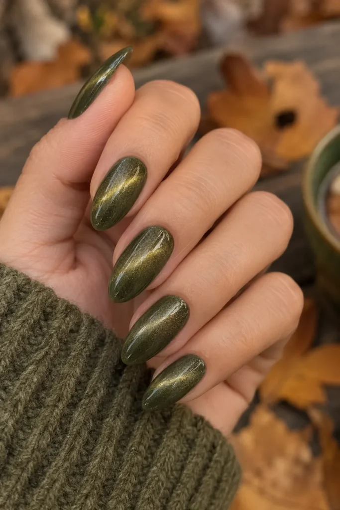3. Olive Green Cat Eye Nails