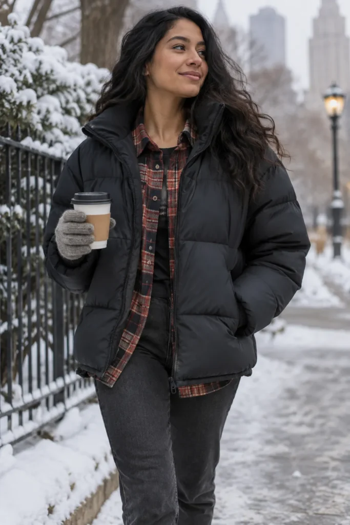 3. Flannel Peeking Under Puffer Jacket