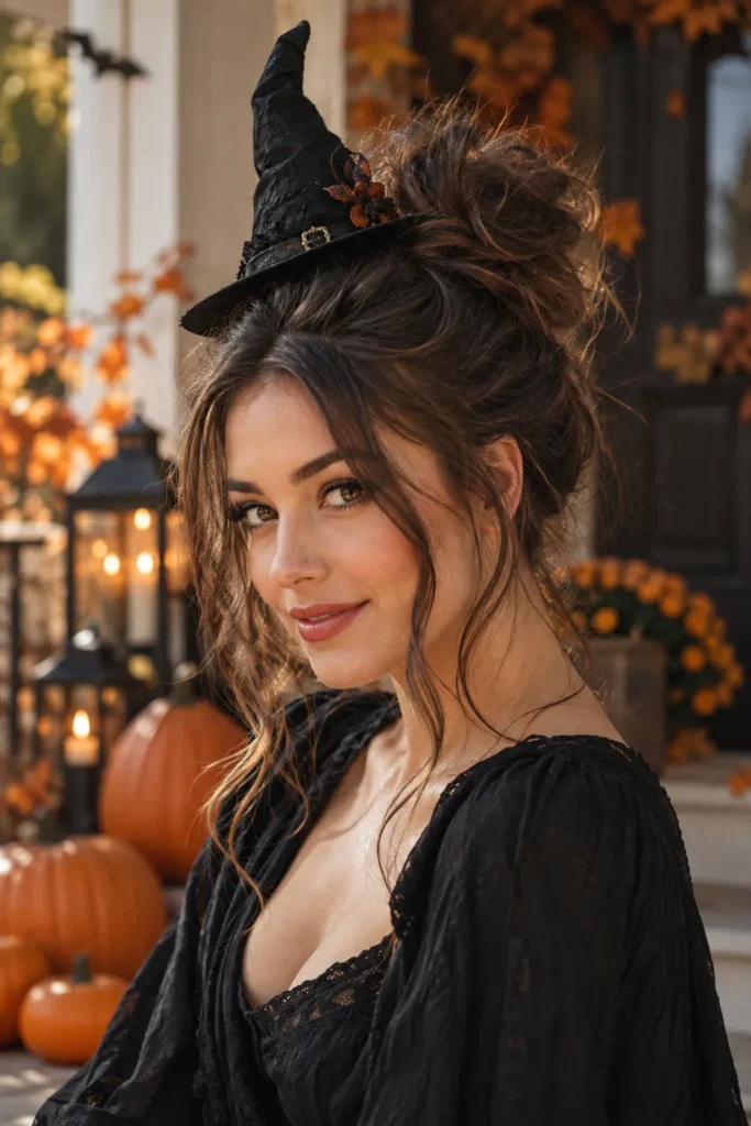 1. Messy Witch Bun Easy Halloween Hairstyles