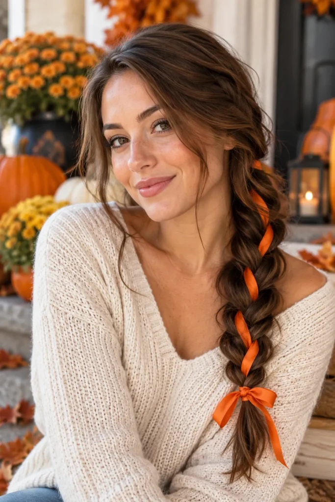 4. Side Braid With Orange Ribbon