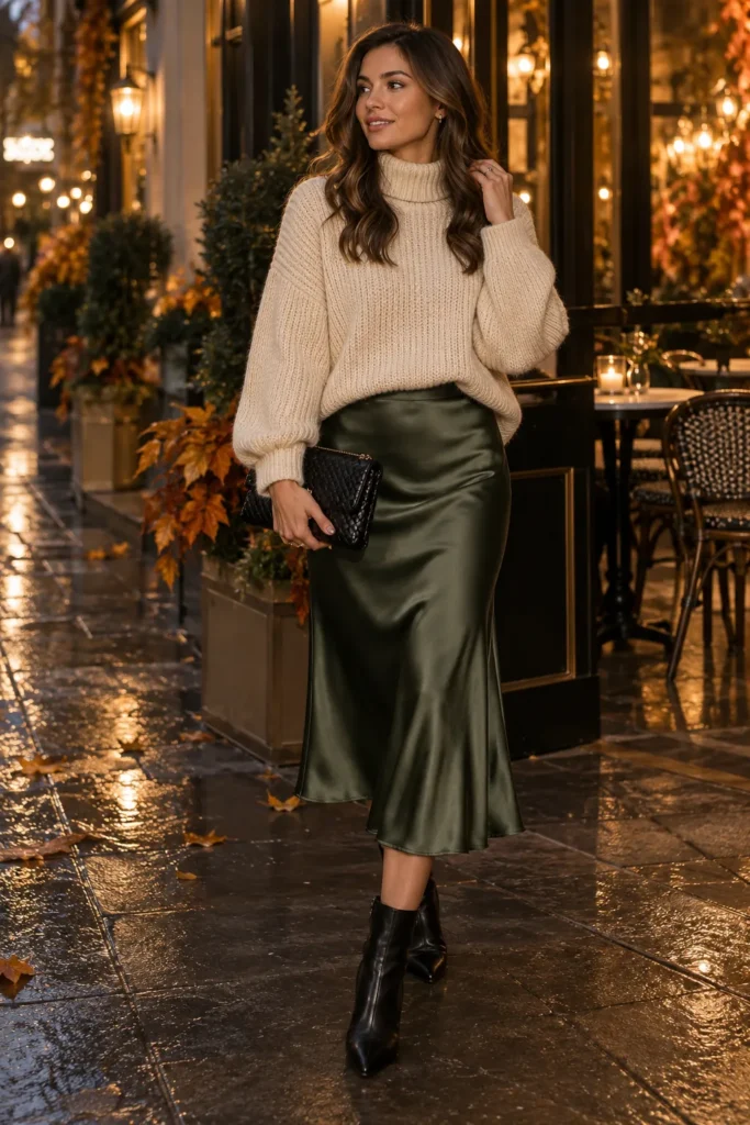 27. Satin Skirt and Chunky Sweater