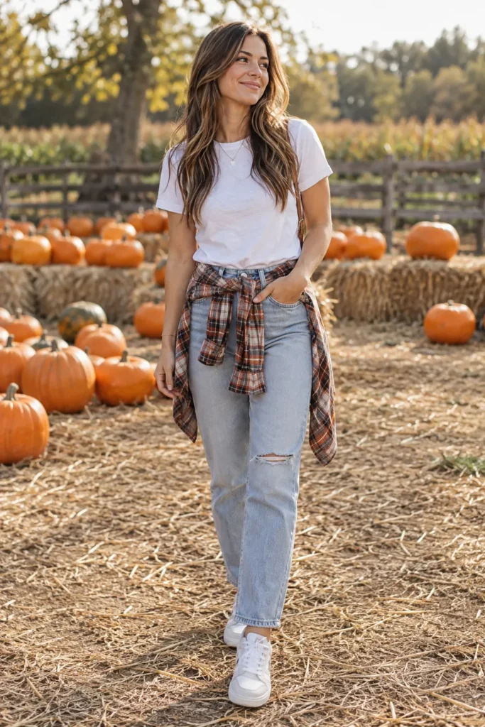 4. Light Wash Jeans With a Flannel Wrap