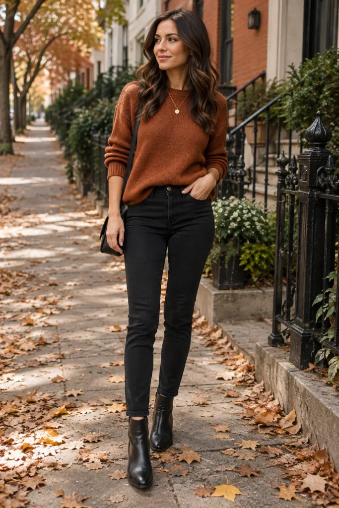 3. Black Jeans With a Rust Sweater Casual Fall Outfits