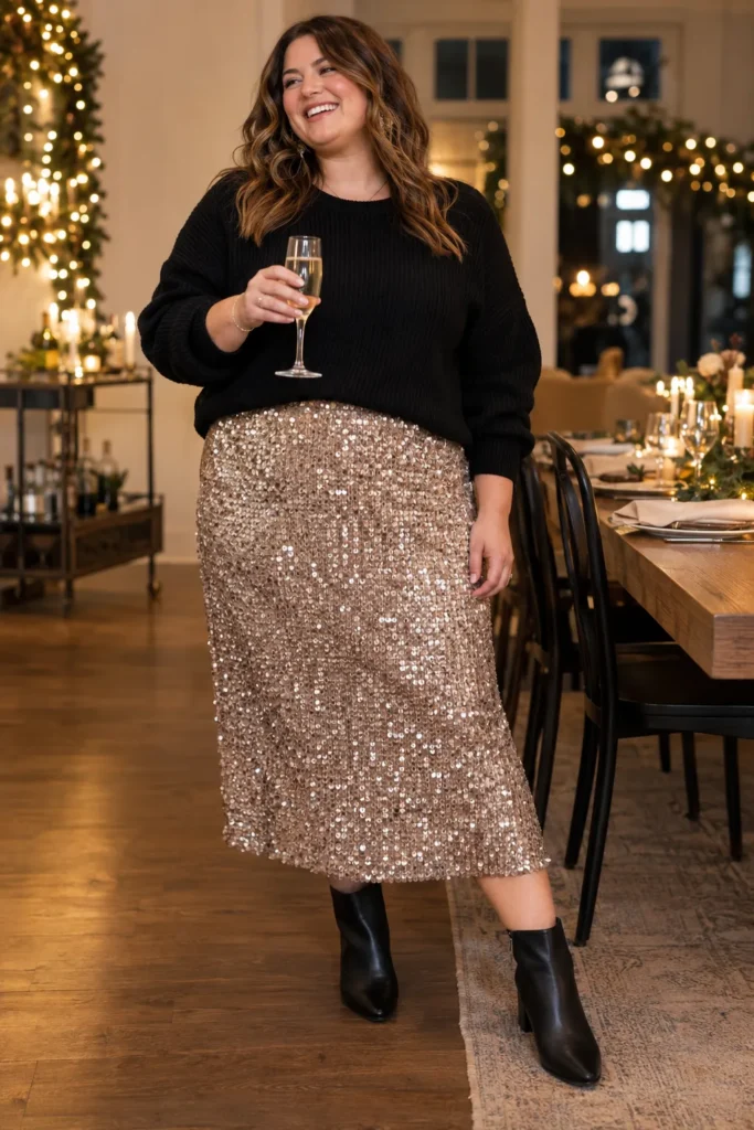 2. A Sparkly Sequin Midi Skirt With a Soft Knit Top Plus Size Christmas Outfits