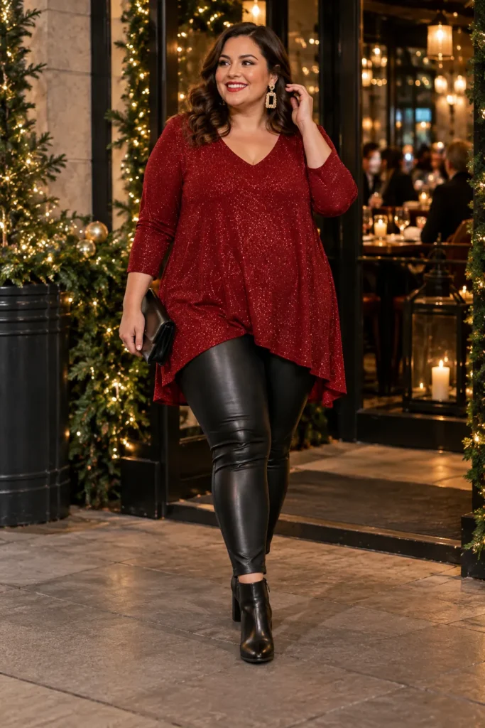 23. Faux Leather Leggings With a Long Festive Tunic