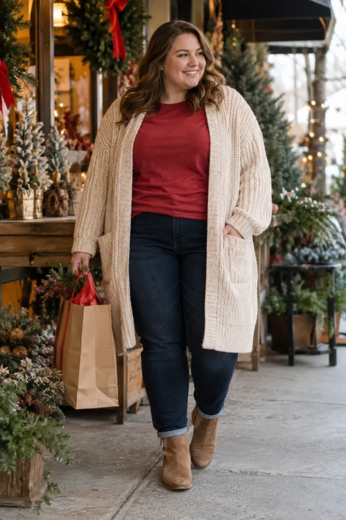 9. A Long Chunky Cardigan Over a Red Tee