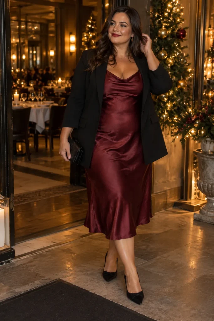 3. Satin Slip Dress Under a Sharp Blazer for Dinner Dates