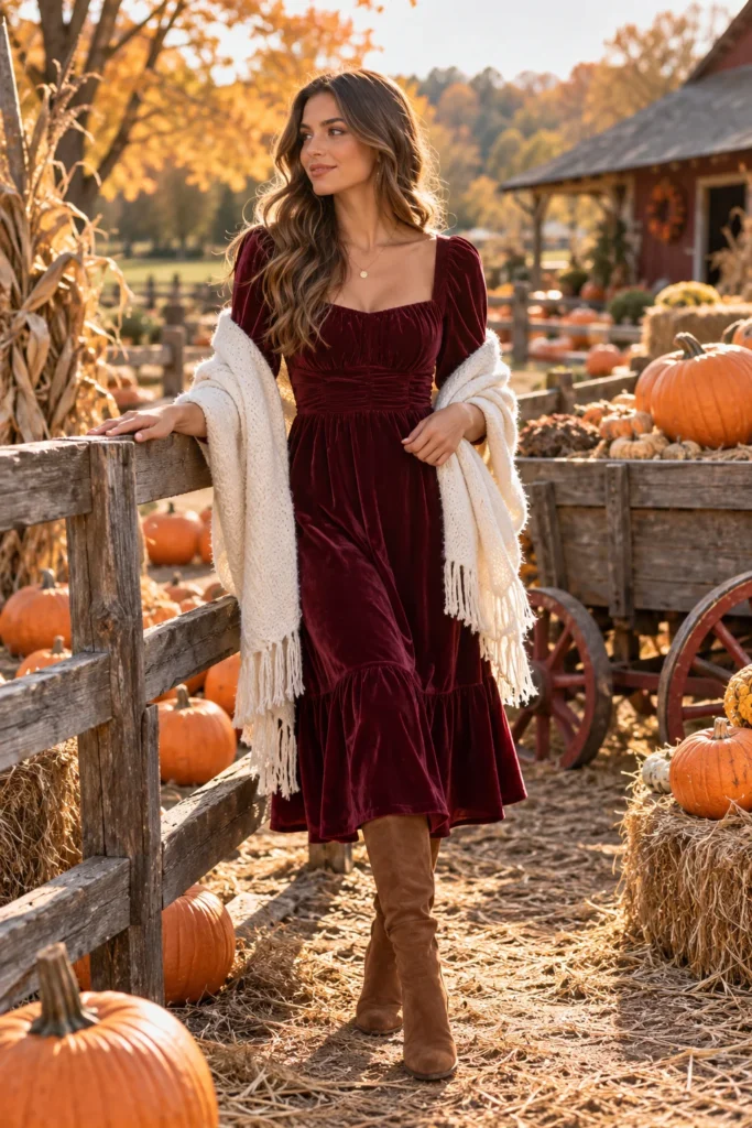 20. Burgundy Velvet Dress with Boots