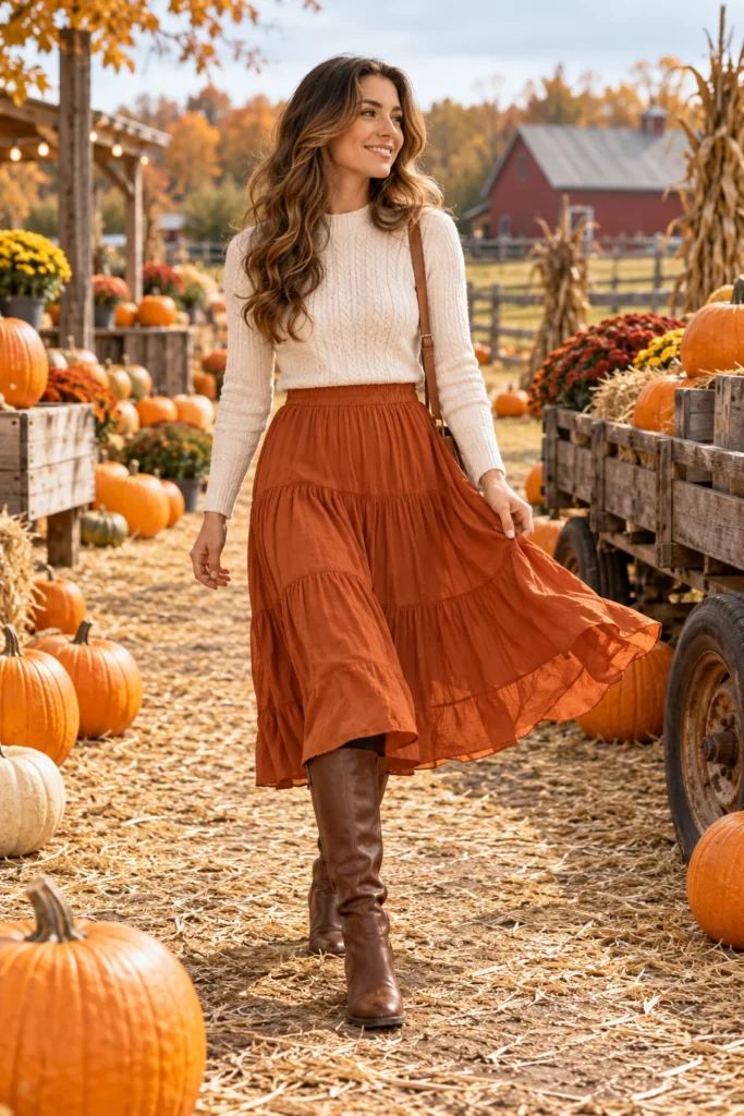 16. Burnt Orange Midi Skirt and Knit Sweater