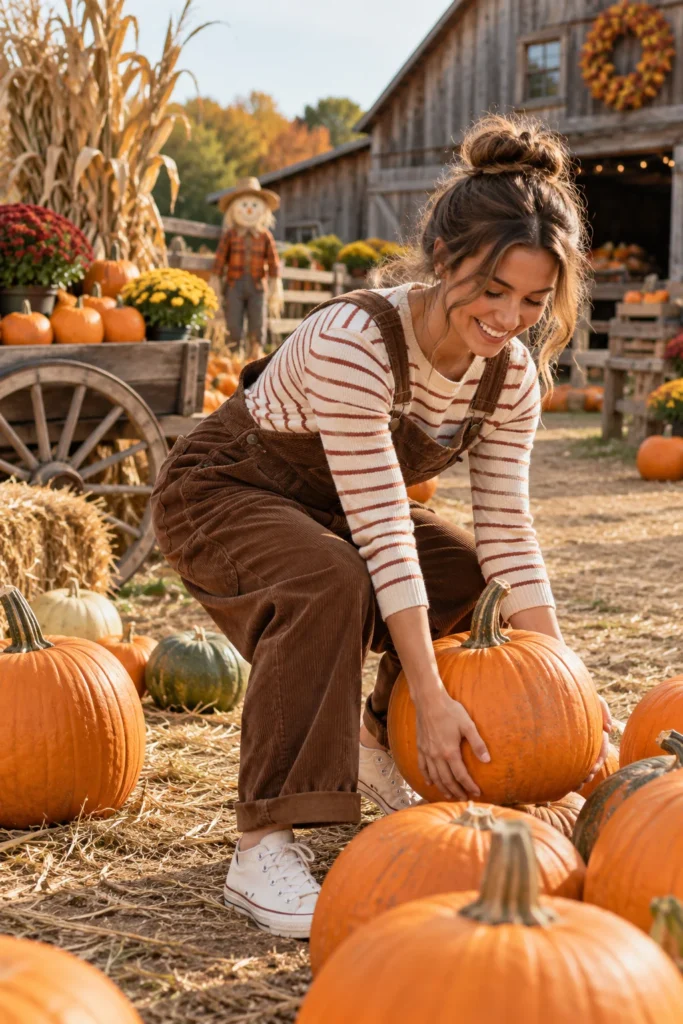 15. Corduroy Overalls with Striped Top