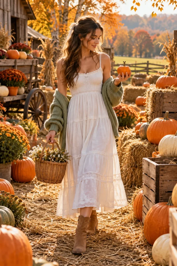 21. Sage Green Cardigan with White Dress