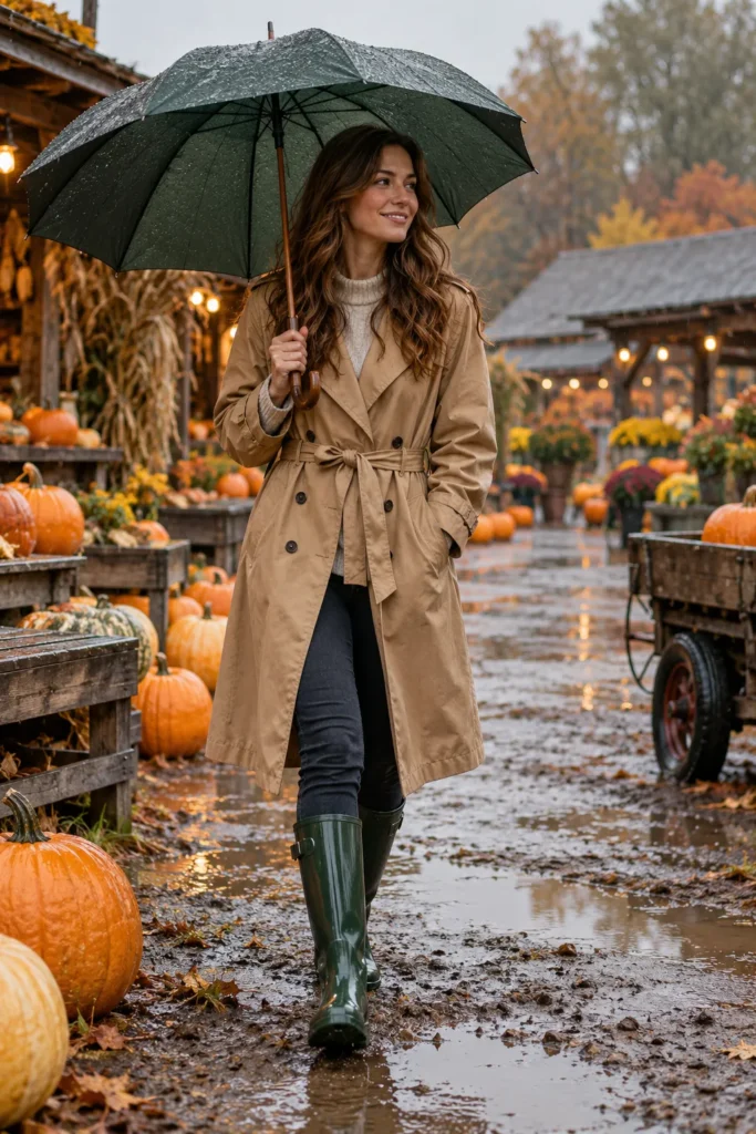 6. Waterproof Trench with Rain Boots Pumpkin Patch Outfits