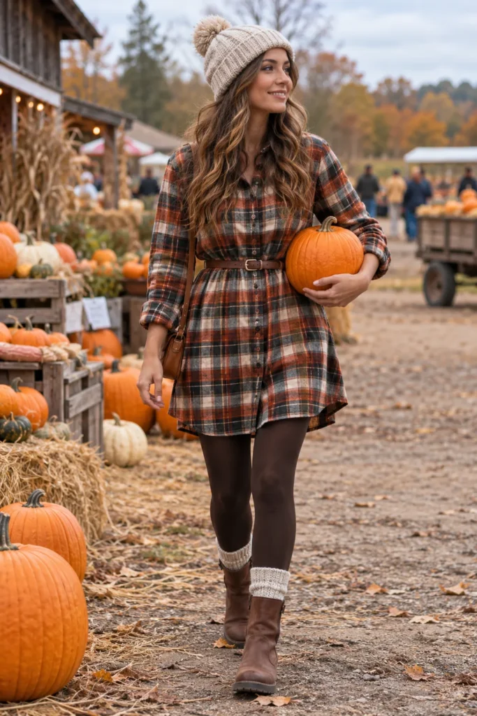 3. Long Flannel Shirt Dress with Tights
