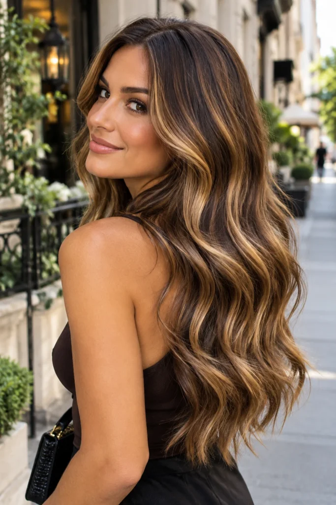 10. Wide Honey Ribbons on Walnut Hair