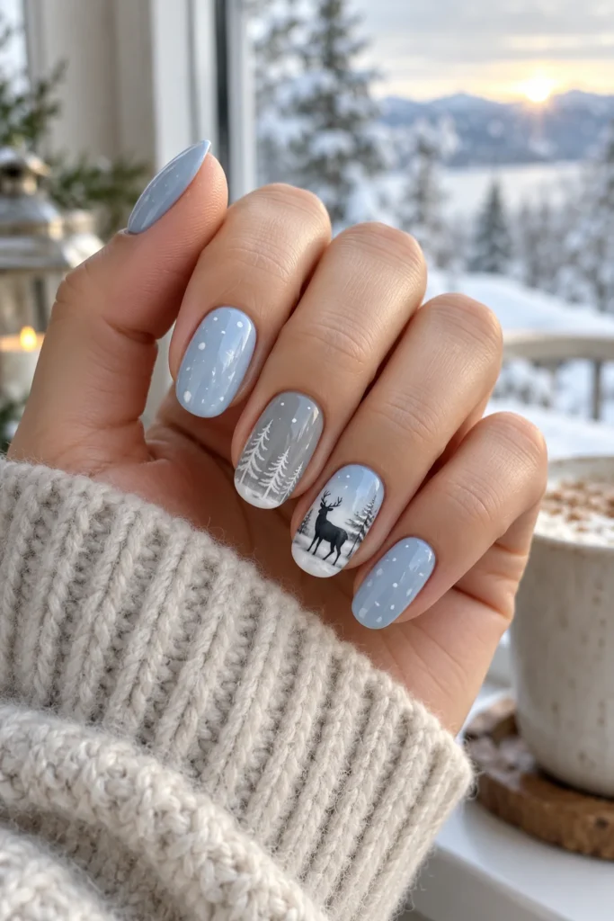 1. Snowy Buck Silhouette Deer Print Nails