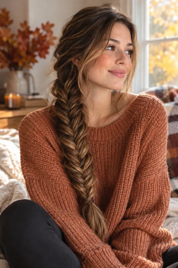 1. Fishtail Braid Over One Shoulder Fall Hairstyles For Long Hair