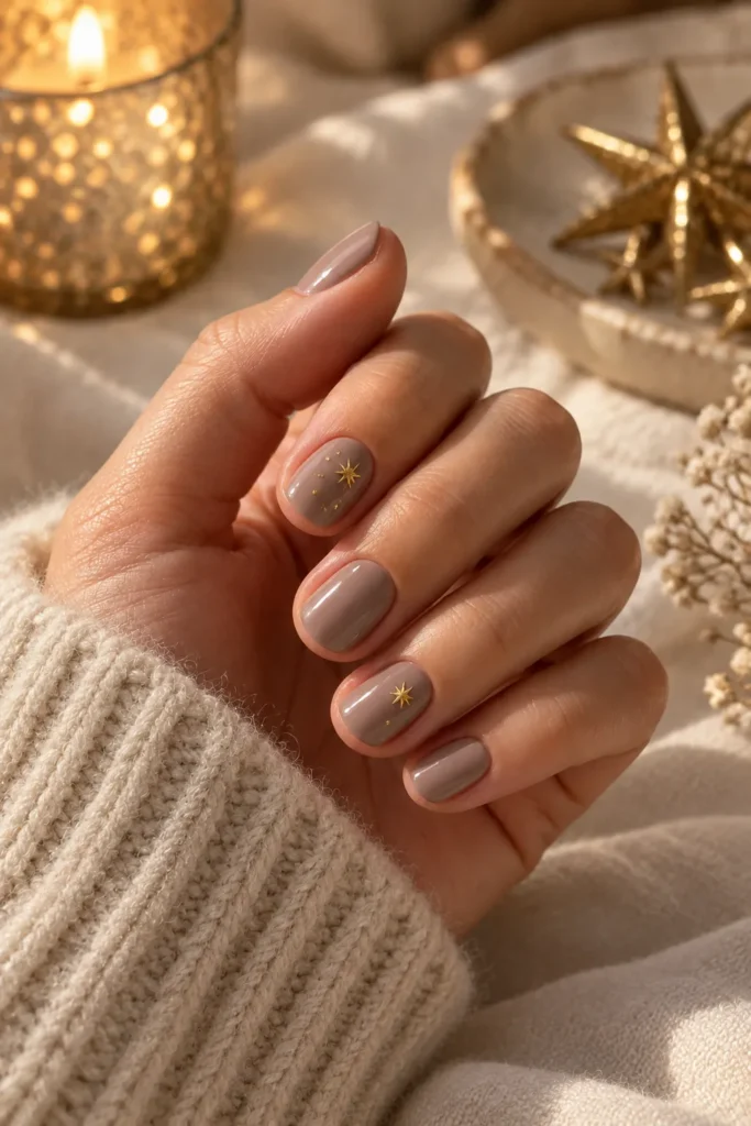 29. Cashmere Taupe Nails with Gold Stars