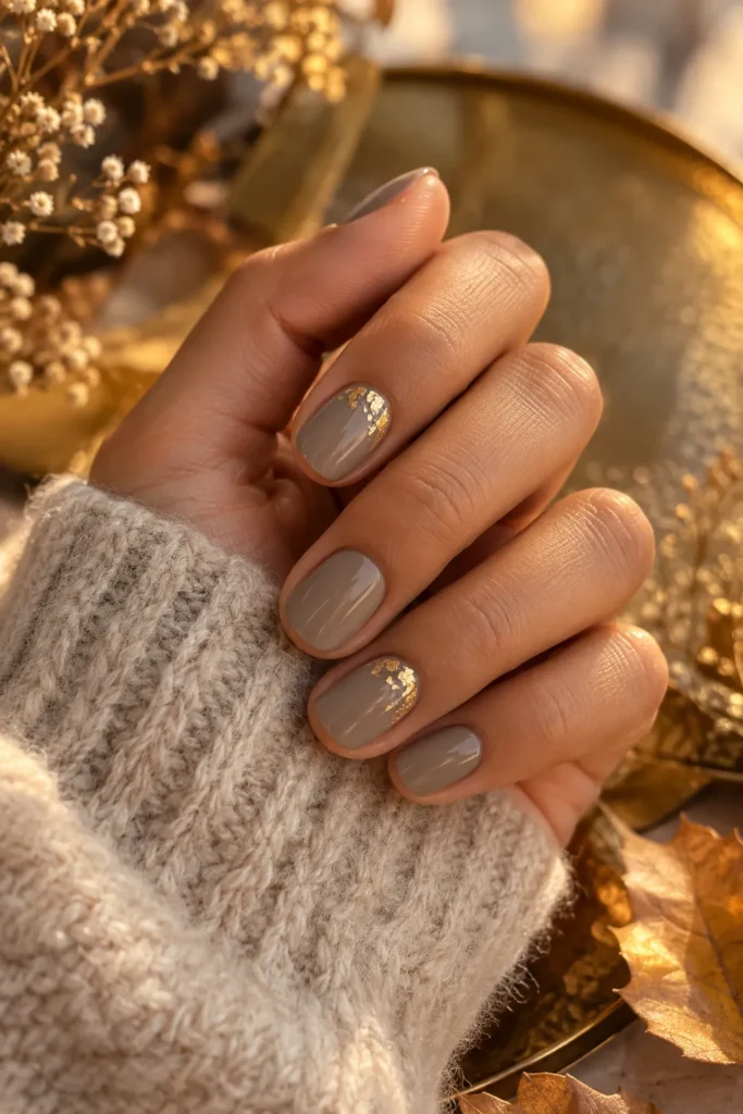 9. Cashmere Taupe Nails with Golden Leaf Foil