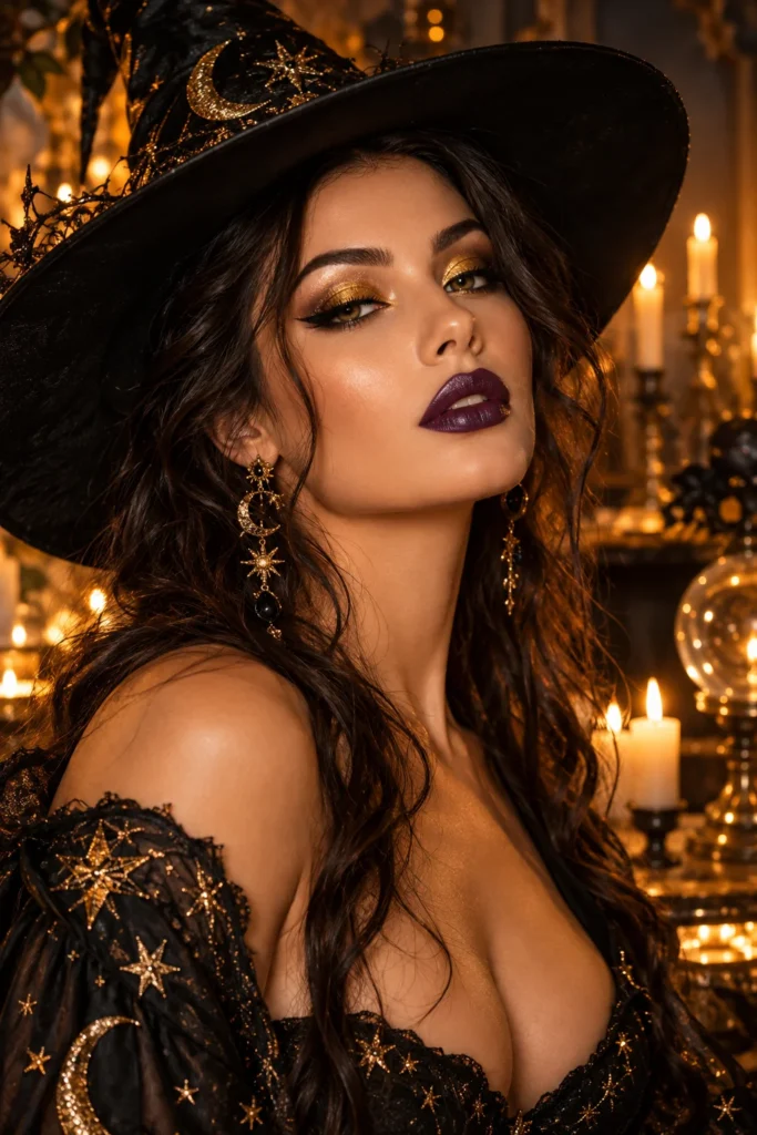 26. Gold Witch Glam with Purple Lips